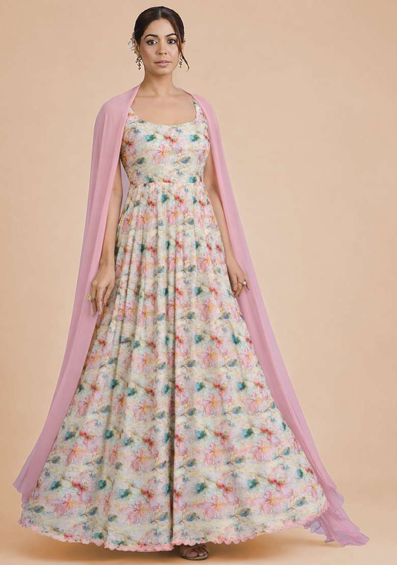 Pink Georgette Anarkali With Dupatta - Indya