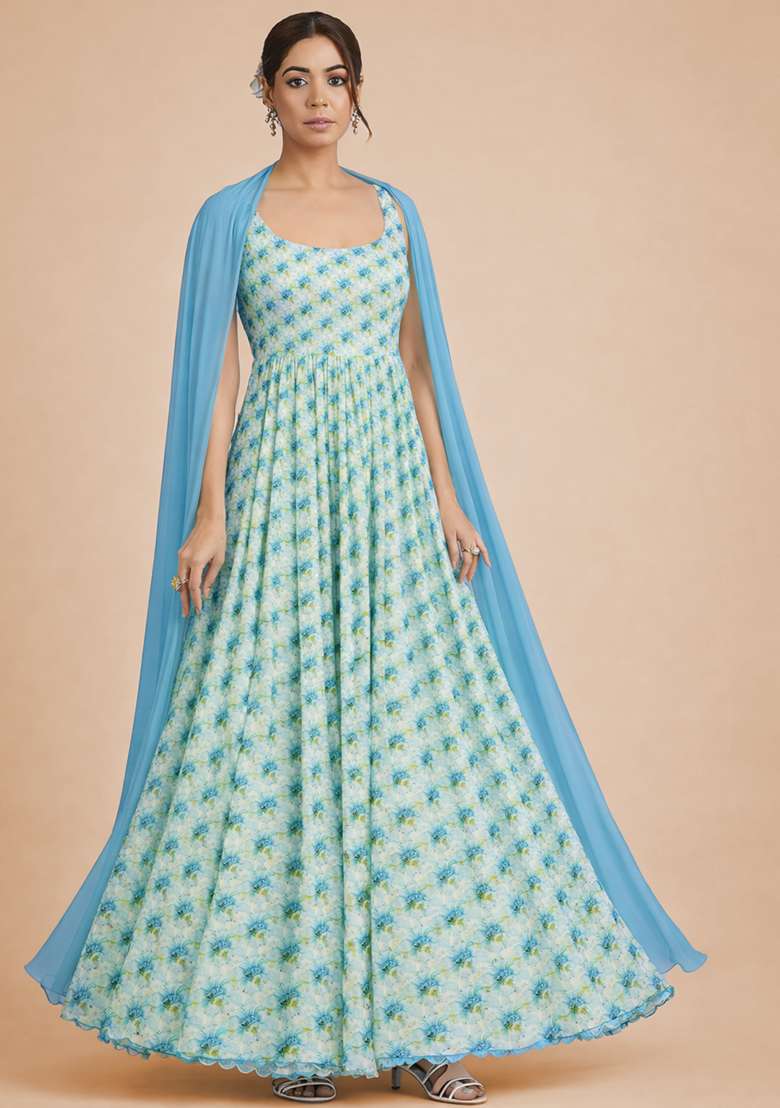 Sky Blue Georgette Anarkali With Dupatta - Indya