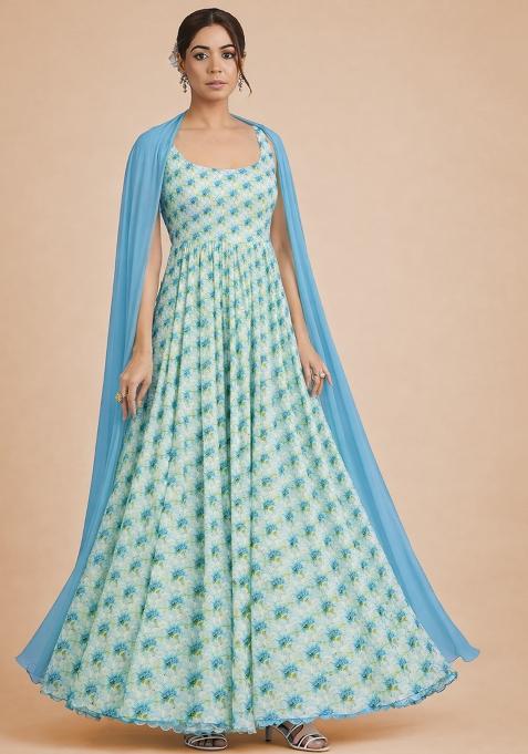 Sky Blue Georgette Anarkali With Dupatta