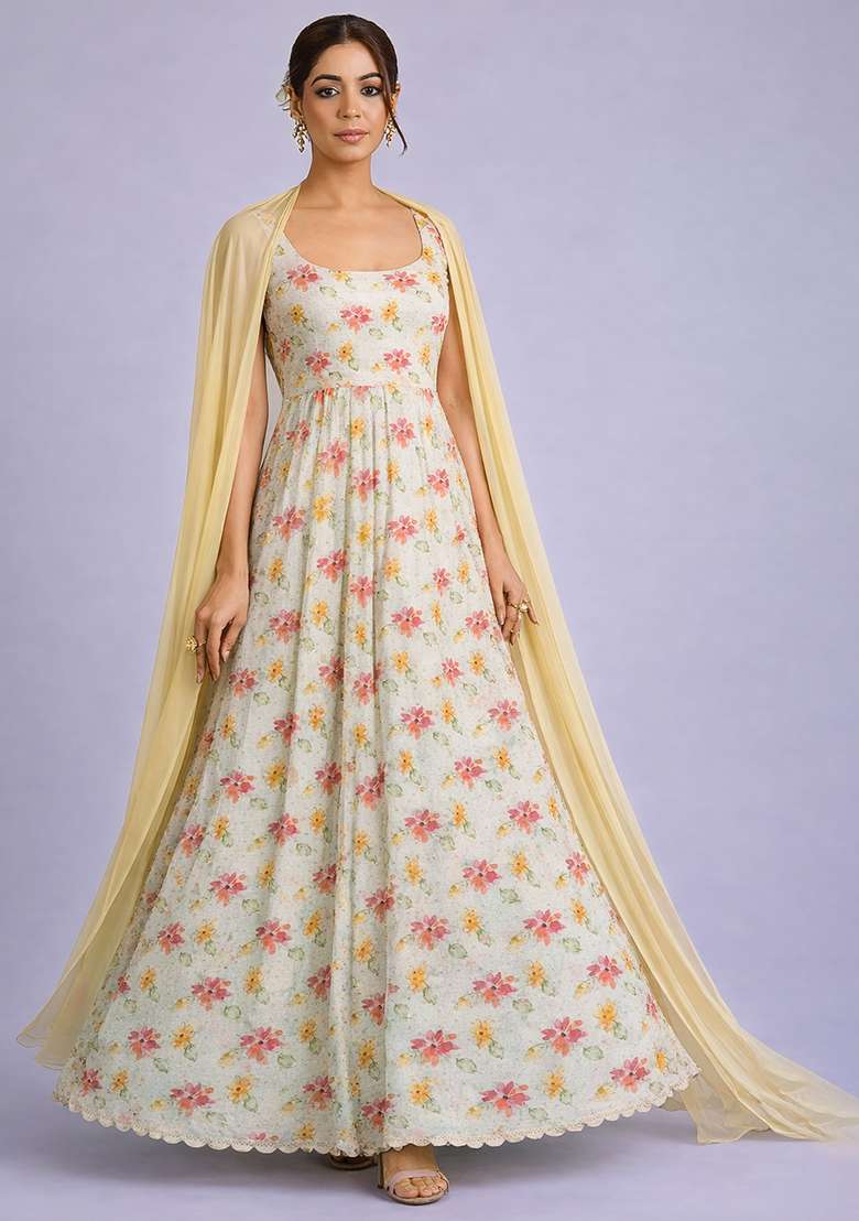 Off White Georgette Anarkali With Dupatta - Indya
