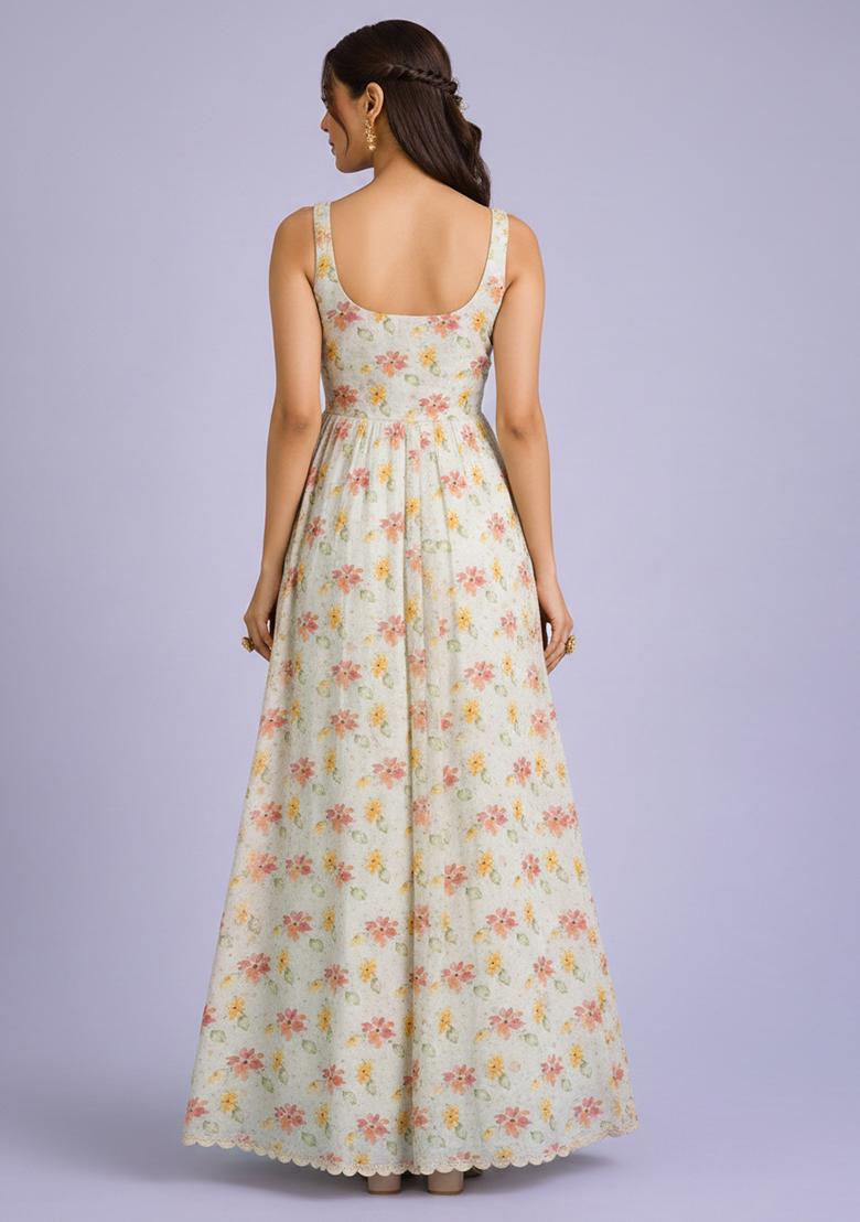 Off White Georgette Anarkali With Dupatta - Indya