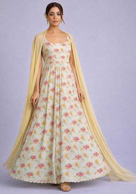 Off White Georgette Anarkali With Dupatta