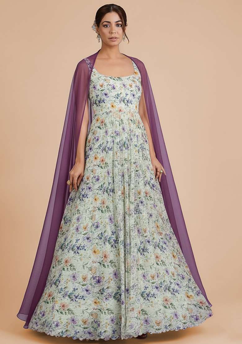 Lavender Georgette Anarkali With Dupatta - Indya