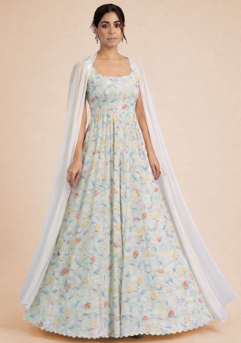 Off White Georgette Anarkali With Dupatta - Indya