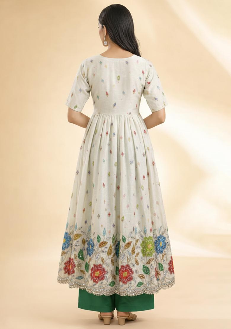 Green Sequin Tissue Anarkali Set - Indya