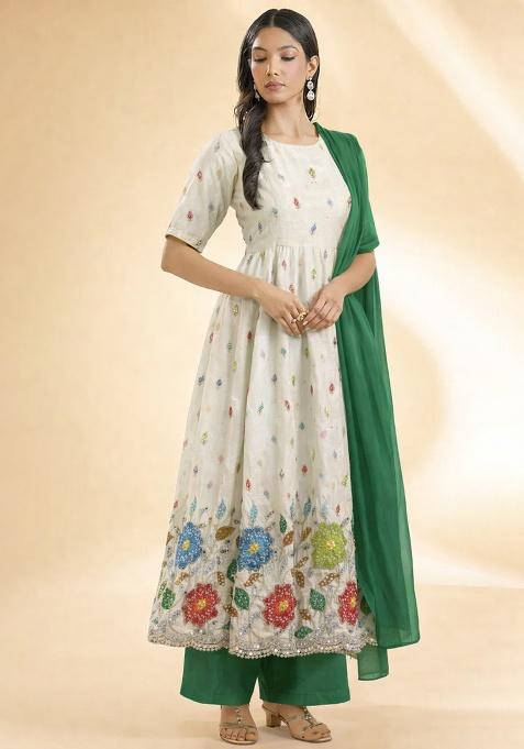 Green Sequin Tissue Anarkali Set