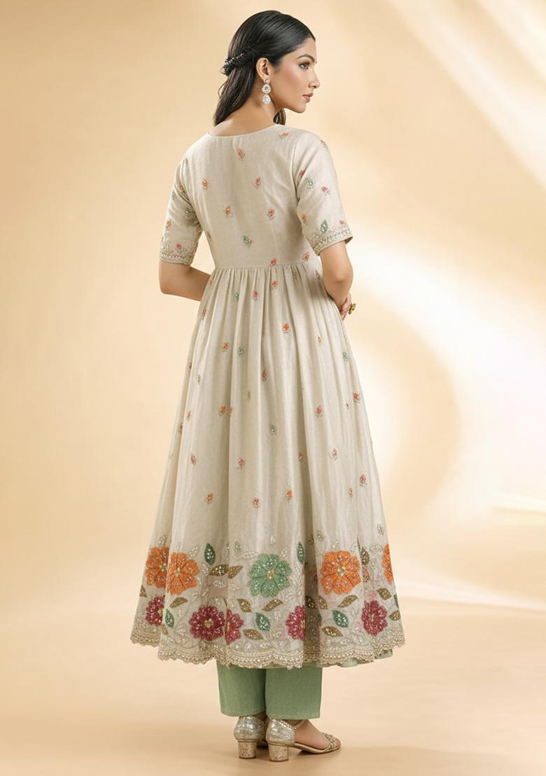 Mint Green Sequin Tissue Anarkali Set - Indya