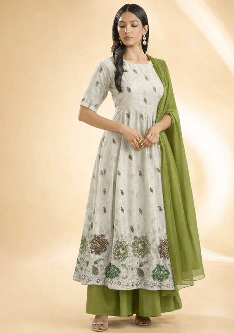 Olive Green Sequin Tissue Anarkali Set - Indya