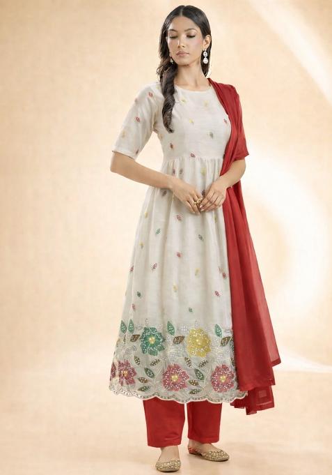 Red Sequin Tissue Anarkali Set