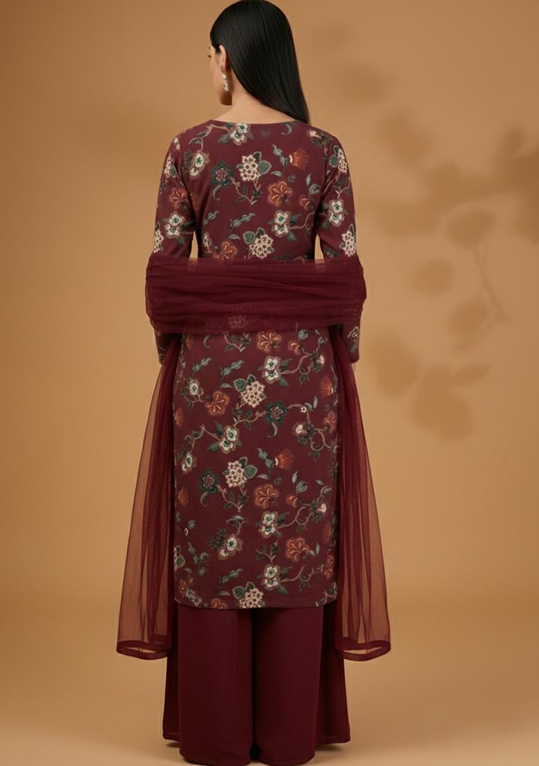 Maroon Floral Print Silk Sharara Set - Indya