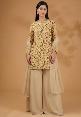 Cream Floral Print Silk Sharara Set