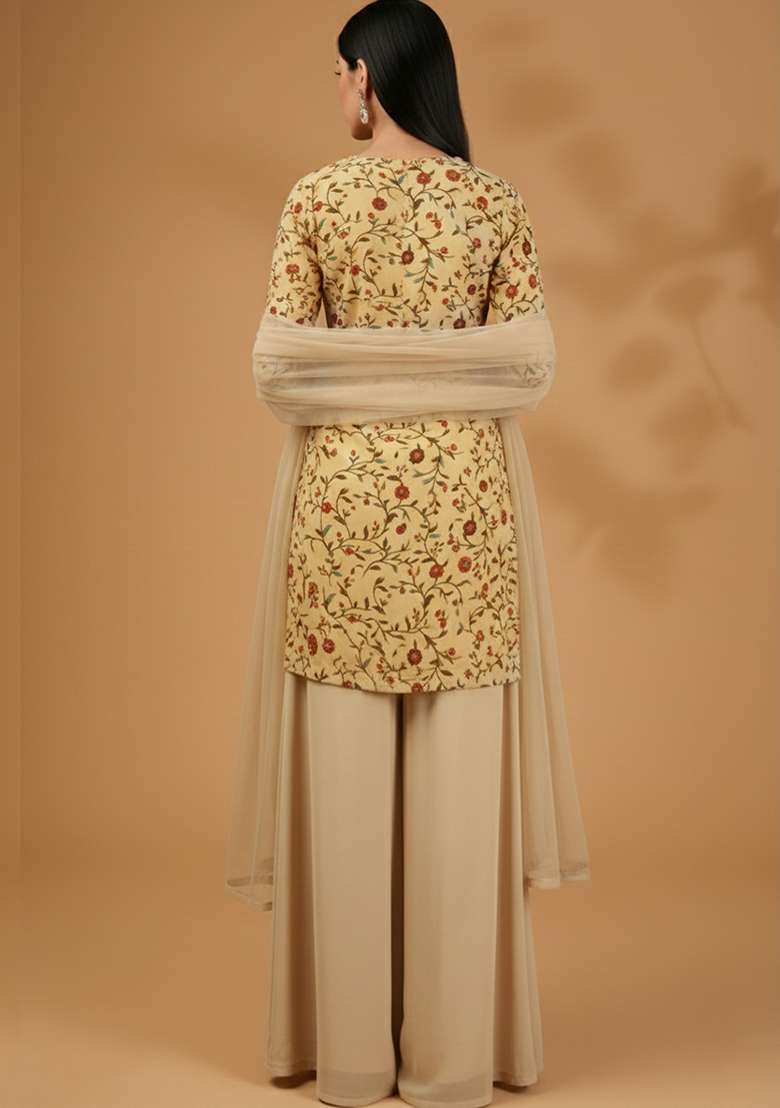 Cream Floral Print Silk Sharara Set - Indya