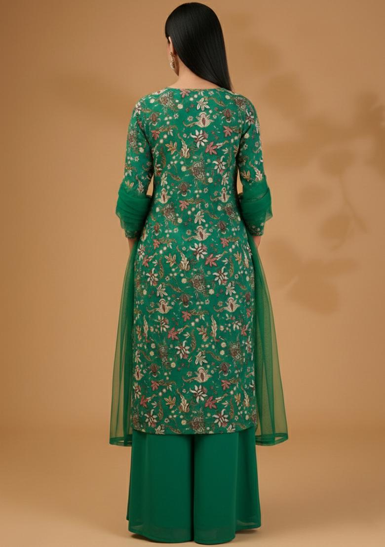 Forest Green Floral Print Silk Sharara Set - Indya