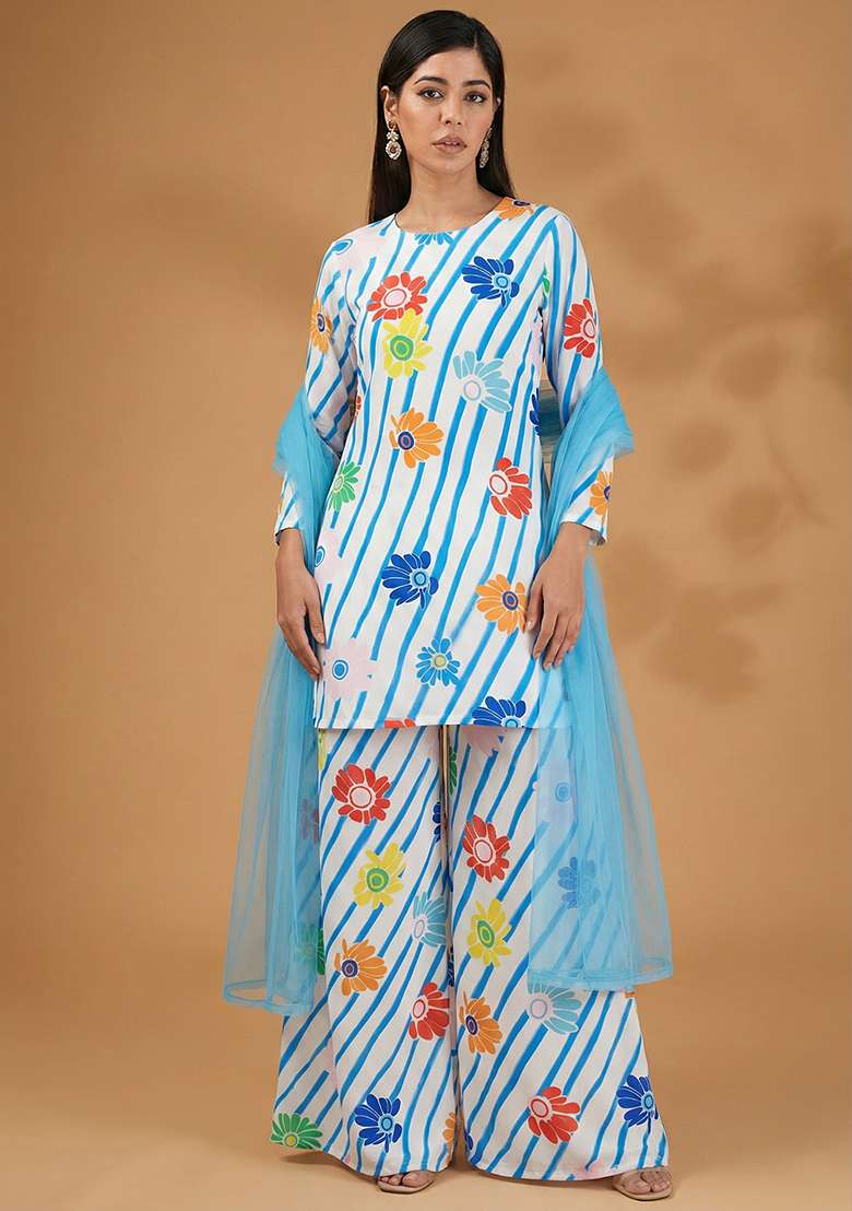 Sky Blue Floral Print Silk Sharara Set - Indya