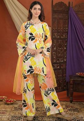 Multicolor Floral Print Silk Kurta Set
