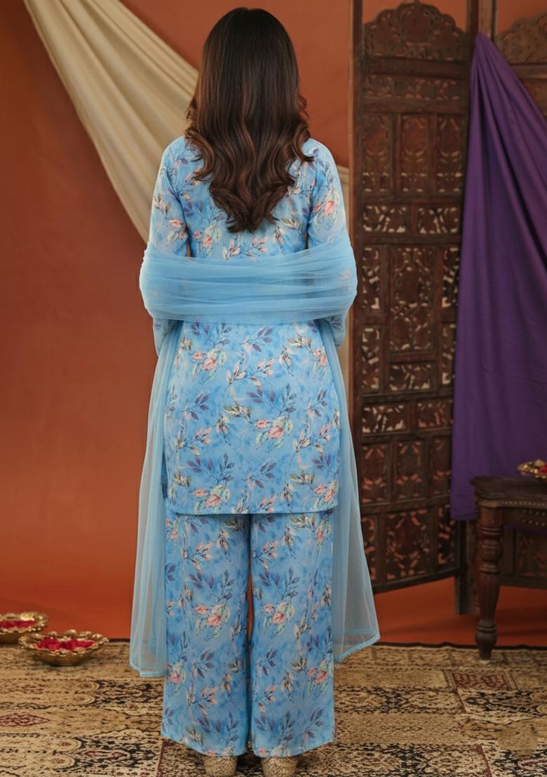 Powder Blue Floral Print Silk Kurta Set - Indya