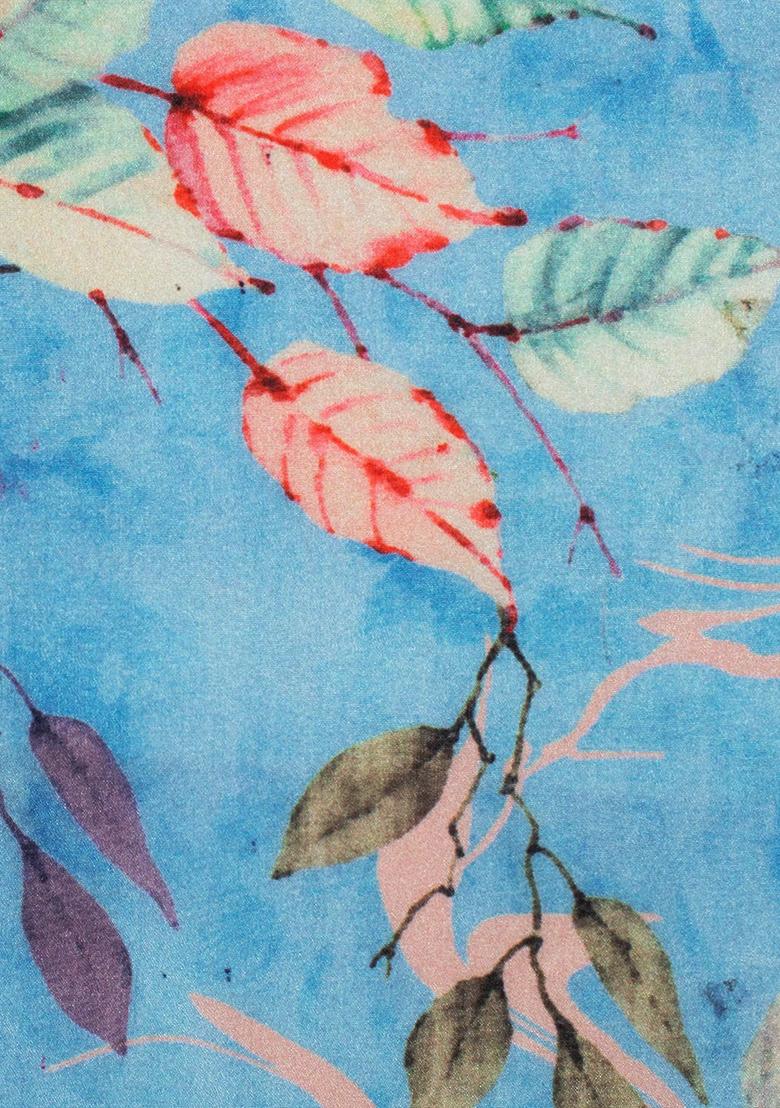 Powder Blue Floral Print Silk Kurta Set - Indya