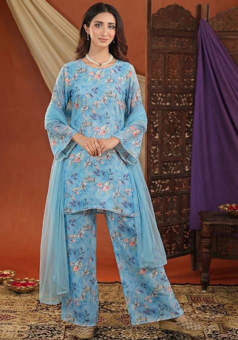 Powder Blue Floral Print Silk Sharara Set