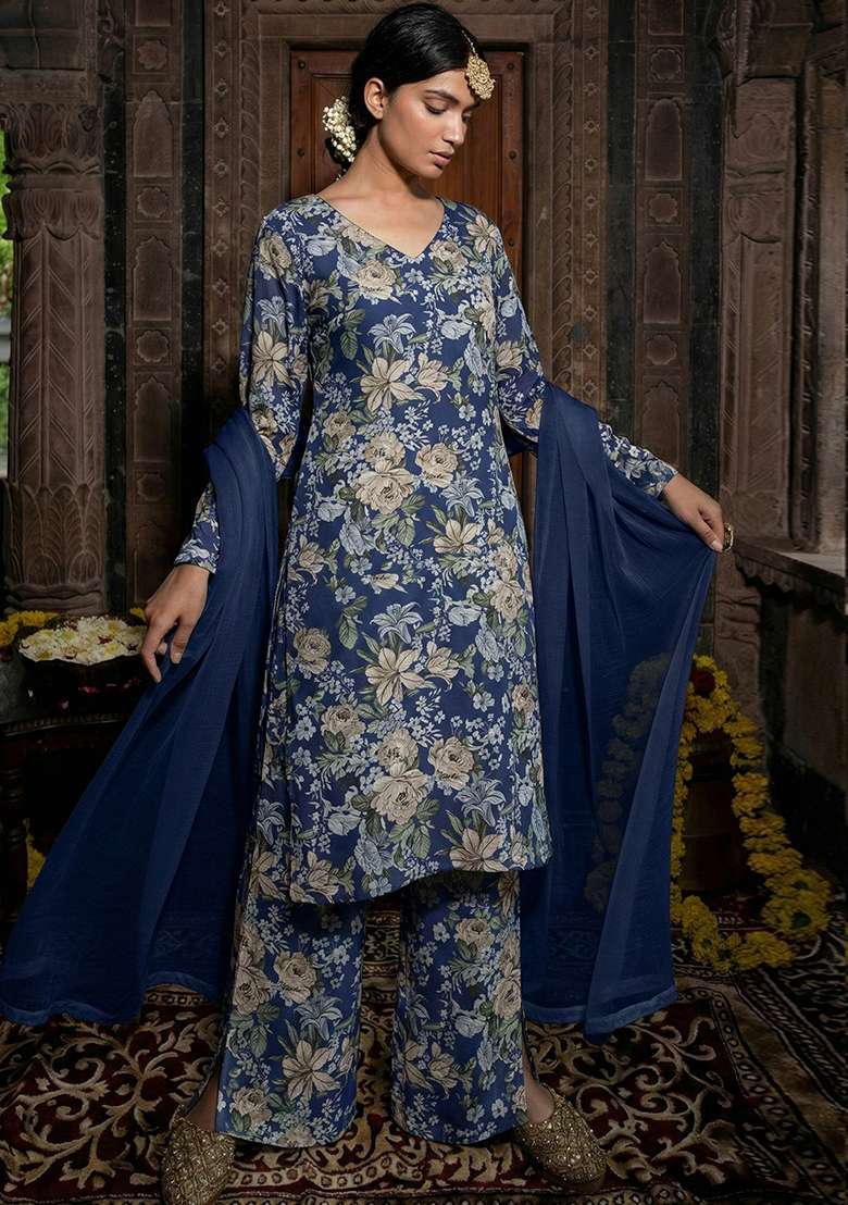 Navy Blue Embroidered Silk Blend Straight Kurta Set - Indya