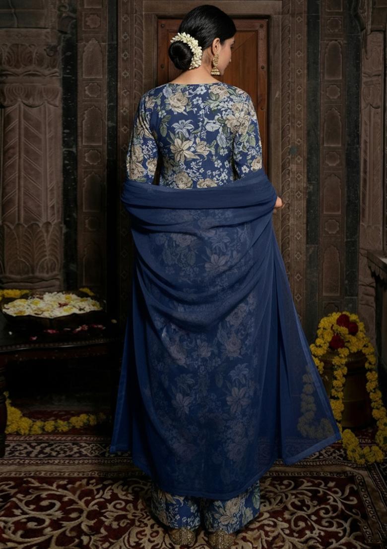 Navy Blue Floral Print Silk Kurta Set - Indya