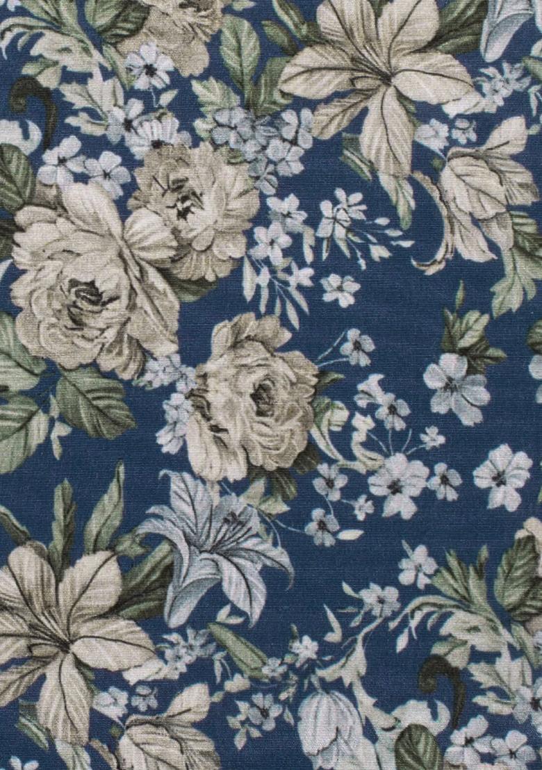 Navy Blue Floral Print Silk Kurta Set - Indya