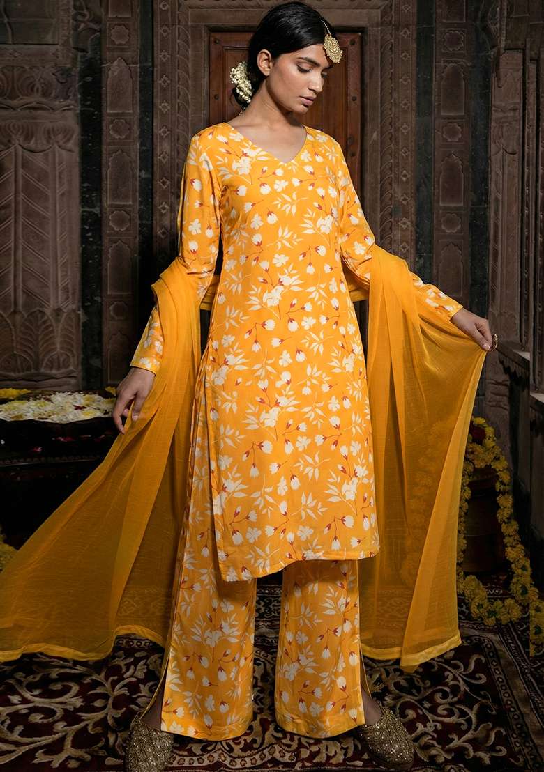 Bright Yellow Floral Print Silk Blend Straight Kurta Set - Indya