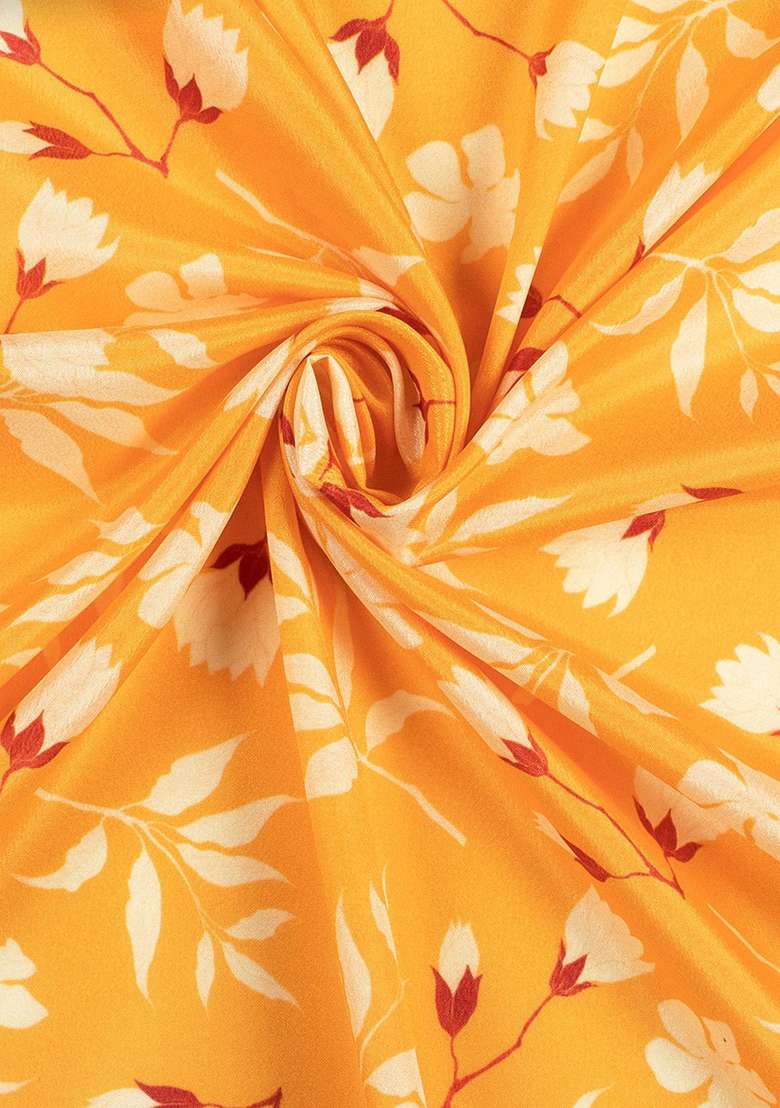 Bright Yellow Floral Print Silk Blend Straight Kurta Set - Indya
