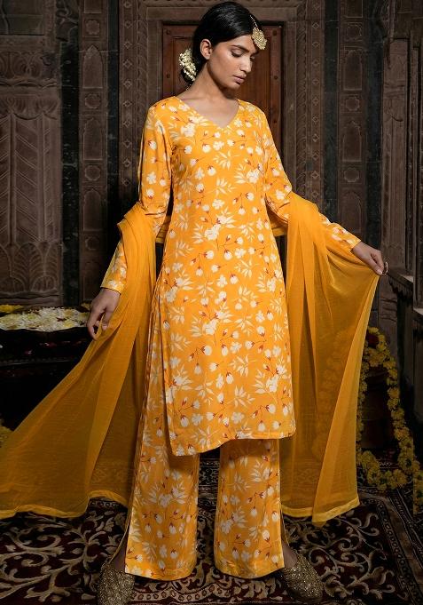Bright Yellow Floral Print Silk Straight Kurta Set