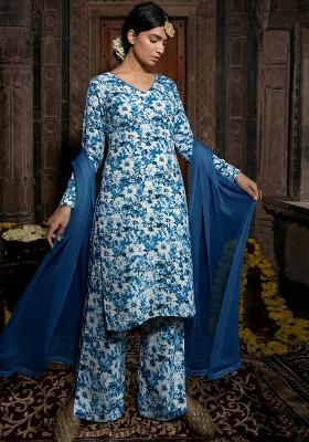 Navy Blue Floral Print Silk Kurta Set