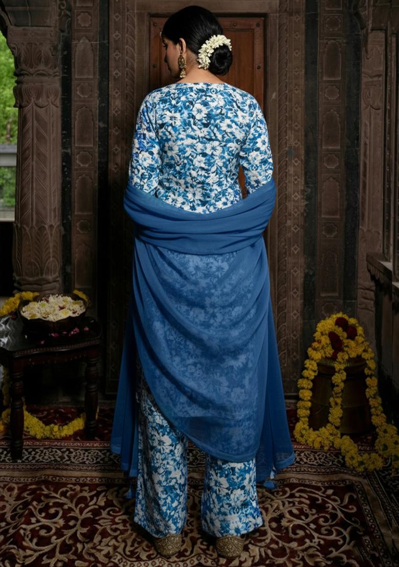 Navy Blue Floral Print Silk Kurta Set - Indya
