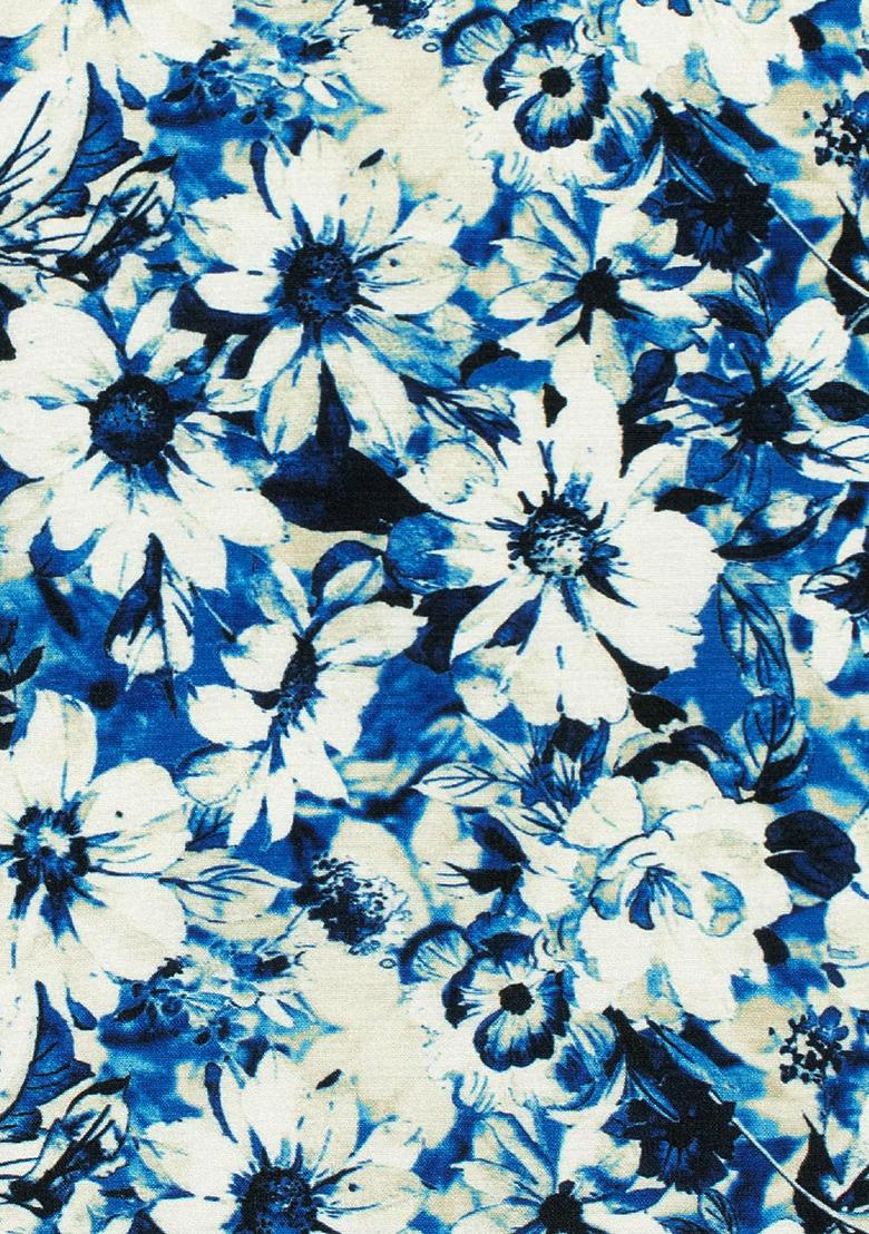 Navy Blue Floral Print Silk Kurta Set - Indya