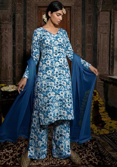 Navy Blue Floral Print Silk Straight Kurta Set