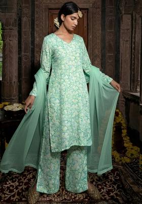Mint Green Floral Print Silk Kurta Set