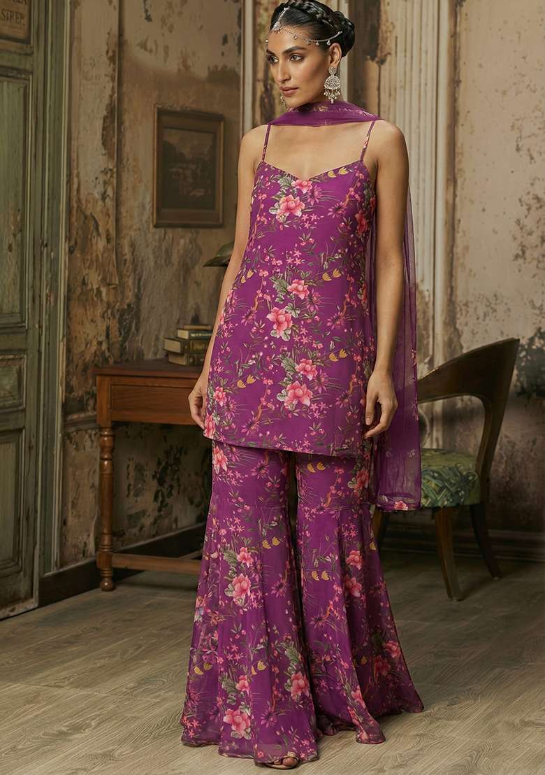 Purple Floral Print Chinon Sharara Set - Indya