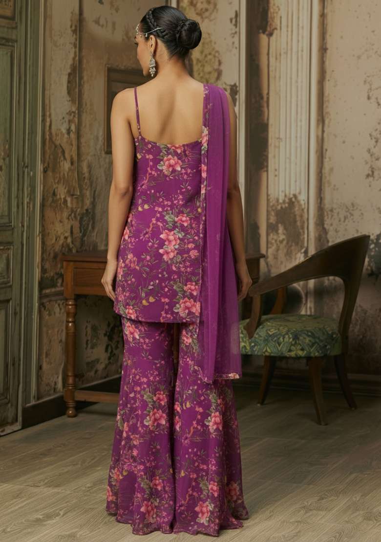 Purple Floral Print Chinon Sharara Set - Indya