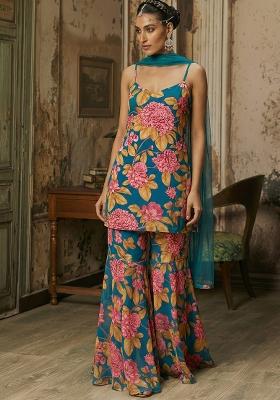 Teal Blue Floral Print Chinon Sharara Set