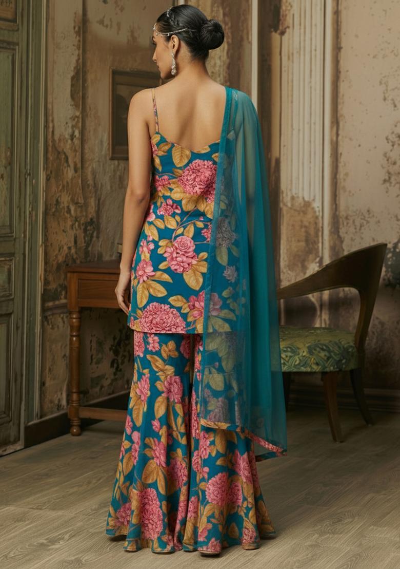 Teal Blue Floral Print Chinon Sharara Set - Indya