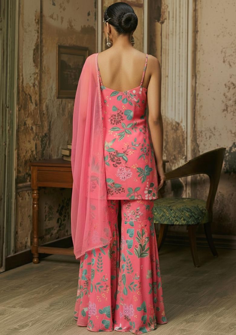 Blush Pink Floral Print Chinon Sharara Set - Indya