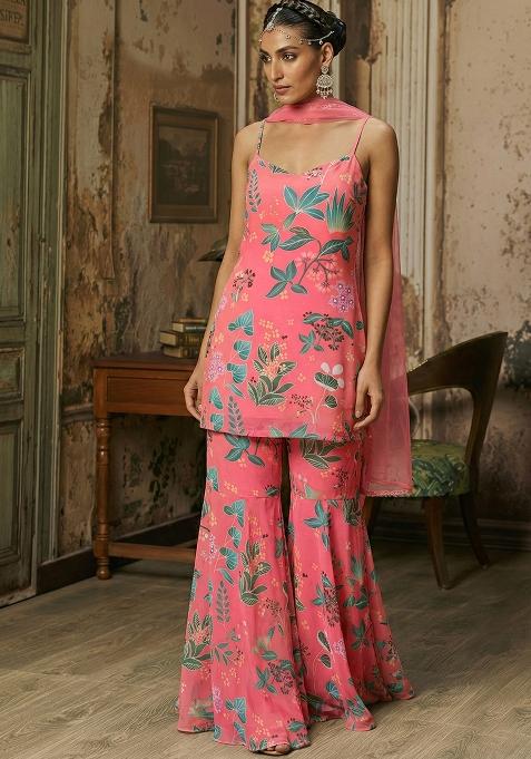 Blush Pink Floral Print Chinon Sharara Set