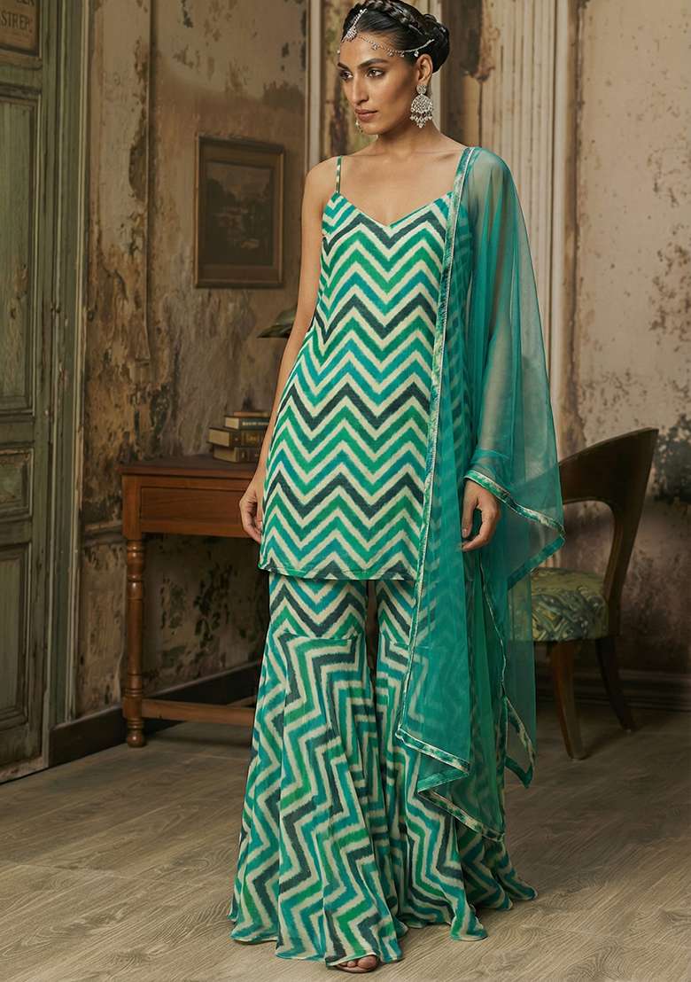 Aqua Blue Abstract Print Chinon Sharara Set - Indya