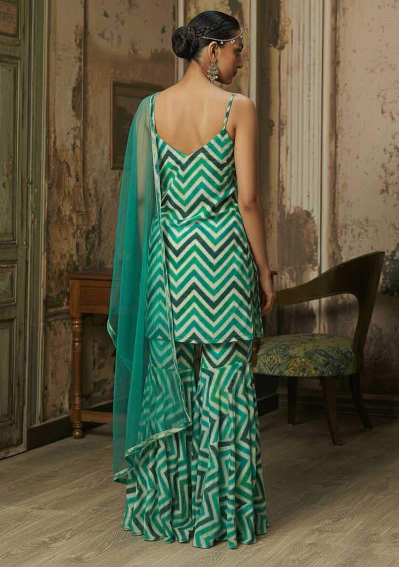 Aqua Blue Abstract Print Chinon Sharara Set - Indya