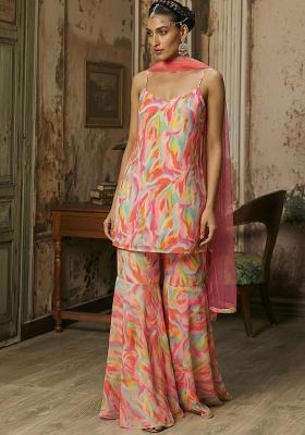 Soft Pink Abstract Print Chinon Sharara Set