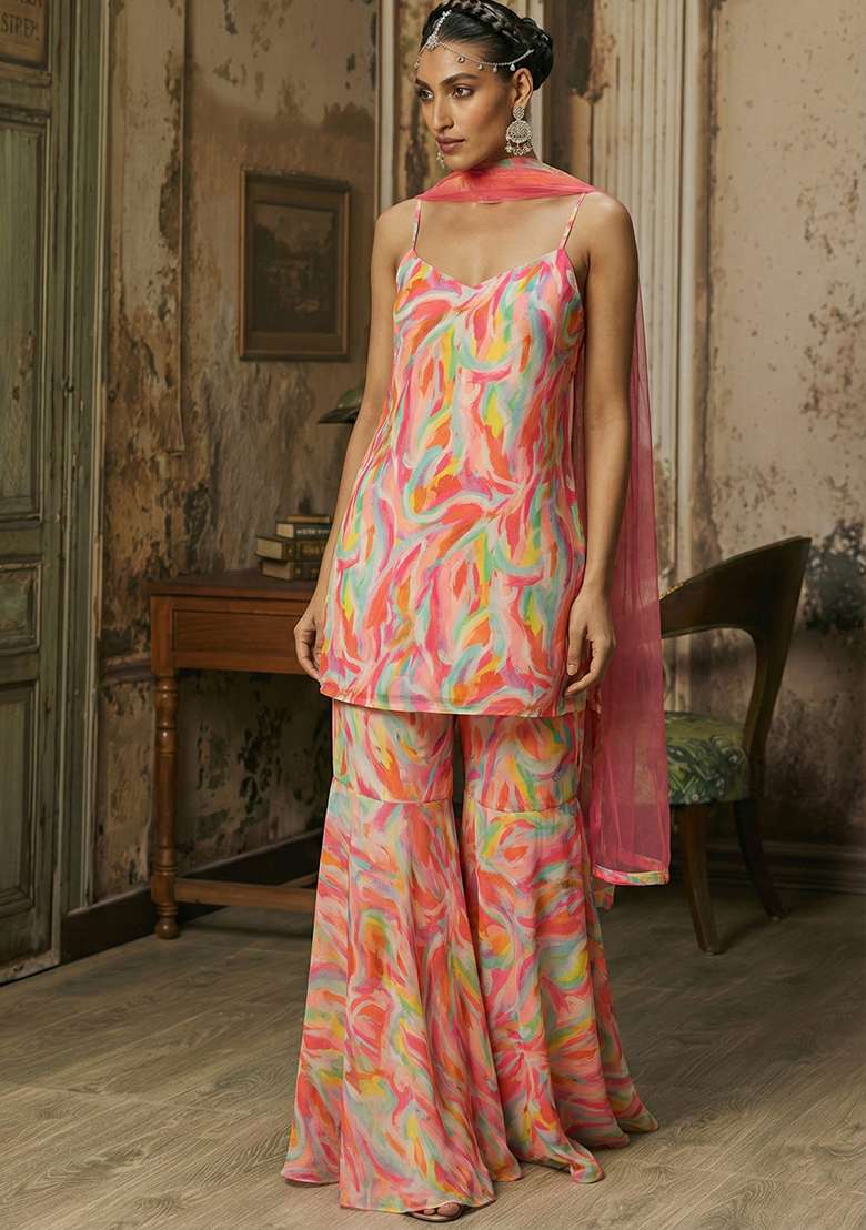 Soft Pink Abstract Print Chinon Sharara Set - Indya