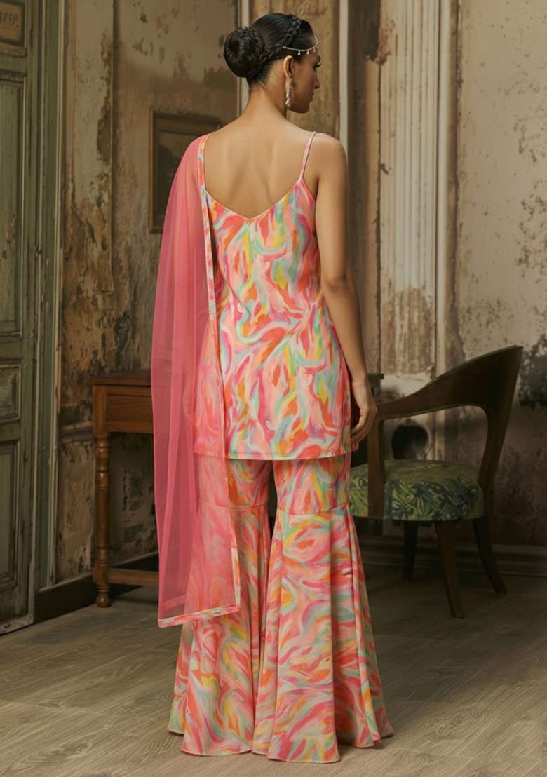 Soft Pink Abstract Print Chinon Sharara Set - Indya