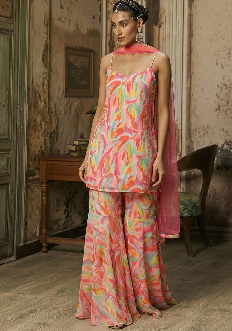 Soft Pink Abstract Print Chinon Sharara Set