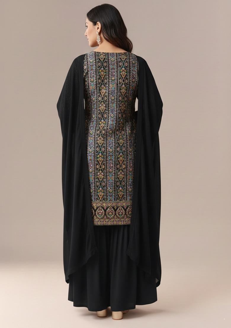 Black Embroidered Crepe Sharara Set - Indya
