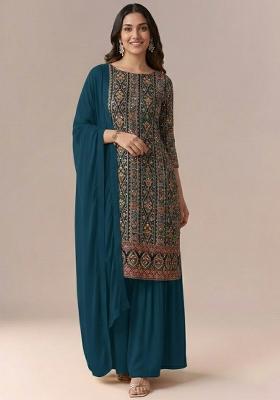 Teal Blue Embroidered Crepe Sharara Set