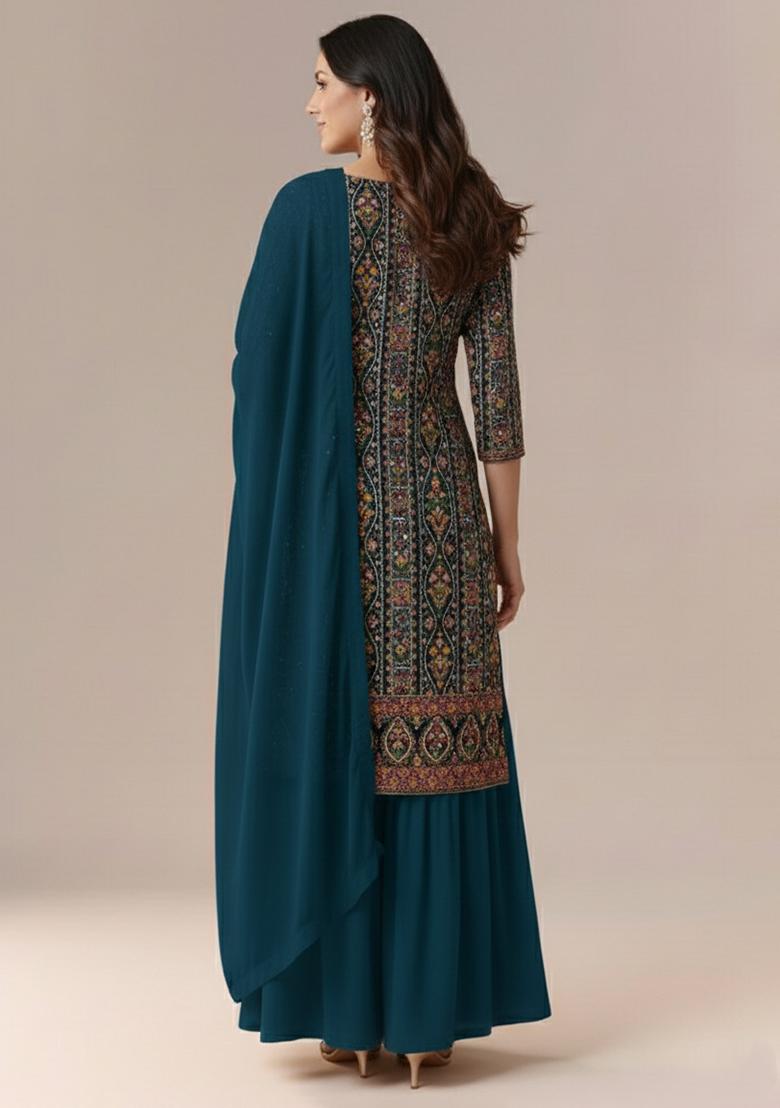 Teal Blue Embroidered Crepe Sharara Set - Indya