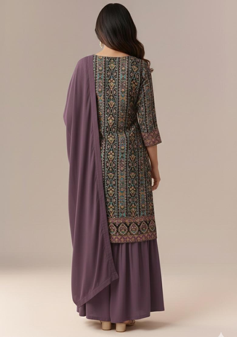 Dusty Mauve Embroidered Crepe Sharara Set - Indya