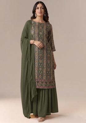 Olive Green Embroidered Crepe Sharara Set